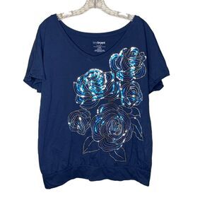 Lane Bryant Blue Short Sleeve Floral Sequins Relaxed Fit T Shirt Stretch 14/16W